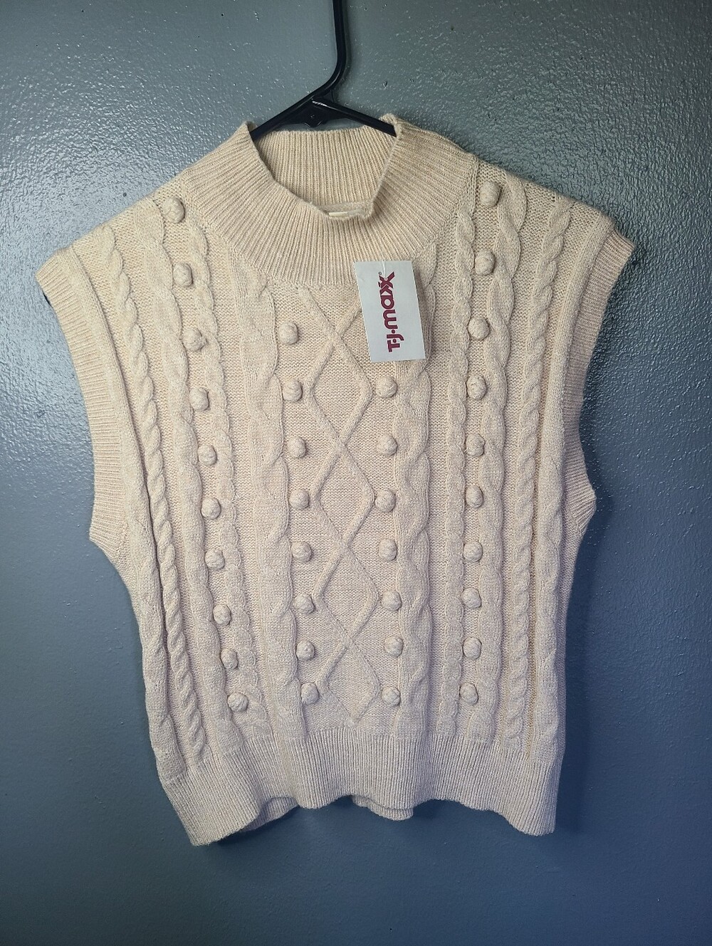 Cream Cable-Knit Bobble Mock Neck Sweater Vest